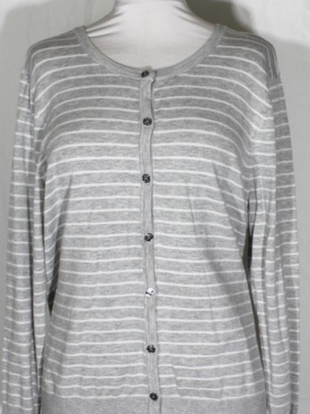 Jones New York Pale Grey & White Striped Cardigan Sweater Button Front Sz Large